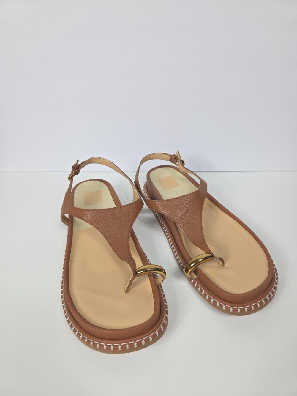 Dolce Vita Brown T-Strap Sandals with Gold Ring